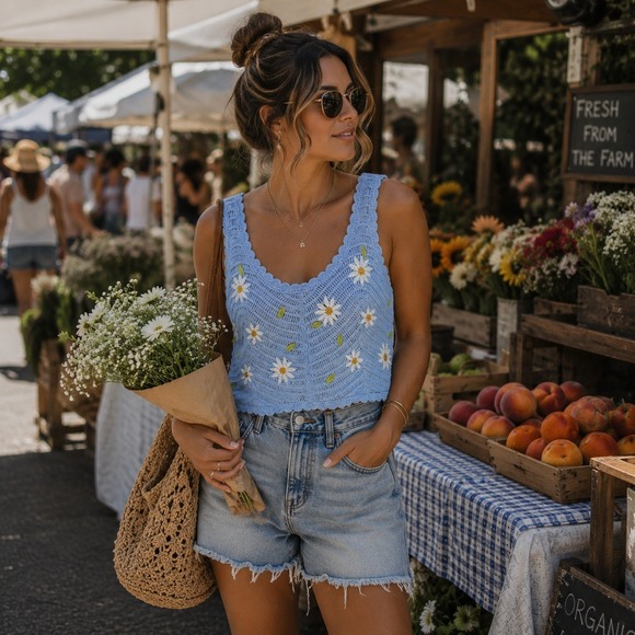new in Tops - Blue Crochet Knit Daisy Floral Tank Top Scalloped Cropped Grandma Coastal Med